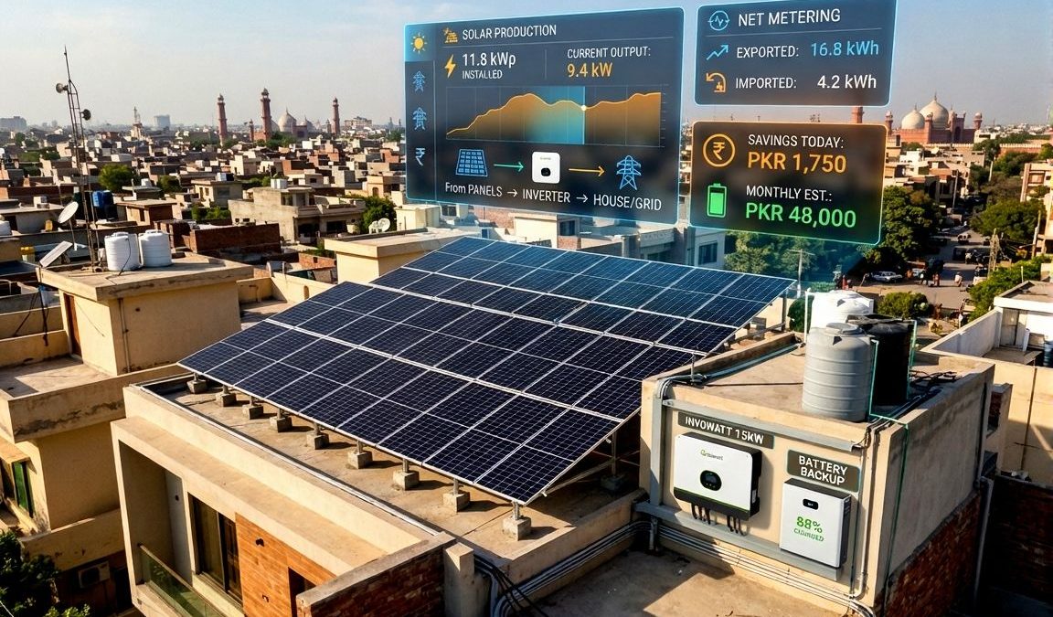 Rooftop solar system installation on a modern house in Lahore with solar panels, inverter setup, and residential net metering system in Pakistan