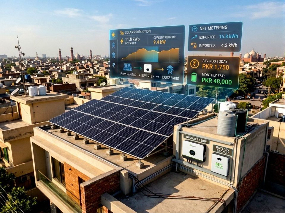 Rooftop solar system installation on a modern house in Lahore with solar panels, inverter setup, and residential net metering system in Pakistan