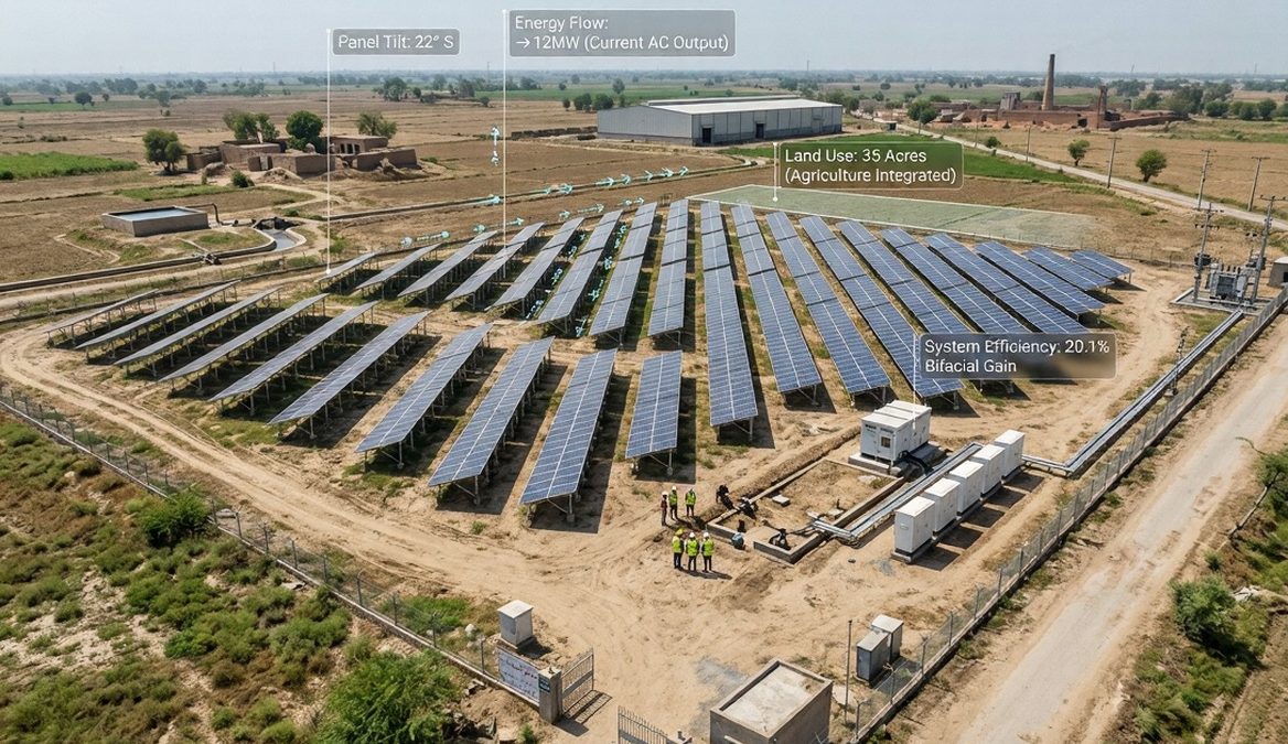 Ground-mounted solar panels installed on open land in Pakistan showing panel tilt, spacing, and metal mounting structures