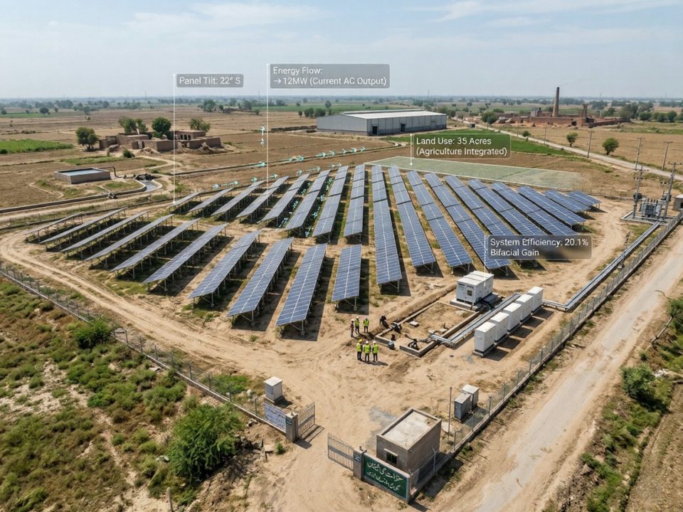 Ground-mounted solar panels installed on open land in Pakistan showing panel tilt, spacing, and metal mounting structures