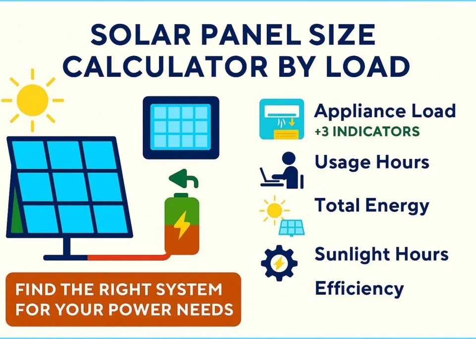 Solar panel size calculator Pakistan, showing load calculation and system size estimation for a residential home