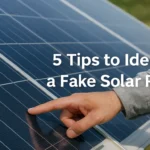 Genuine solar panel identification showing serial number label and manufacturer nameplate for authenticity verification