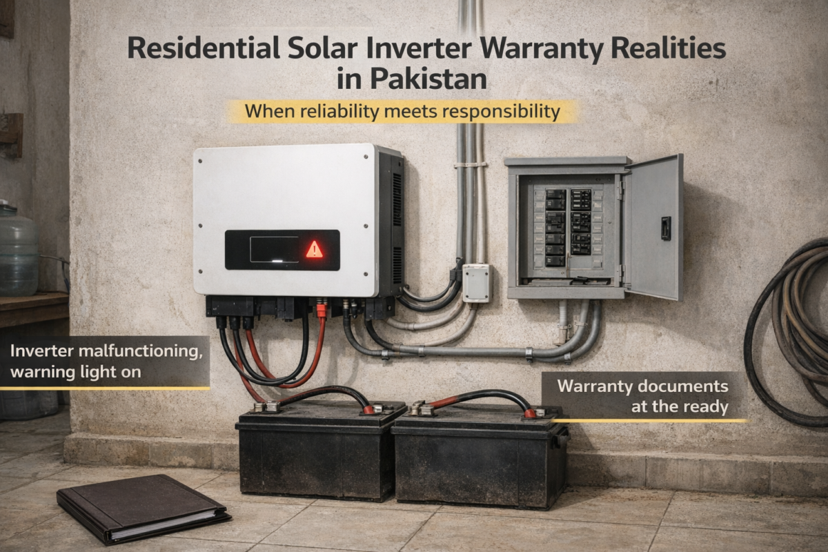 Solar inverter warranty terms in Pakistan explained, showing installation conditions, grid voltage impact, and environmental factors affecting coverage