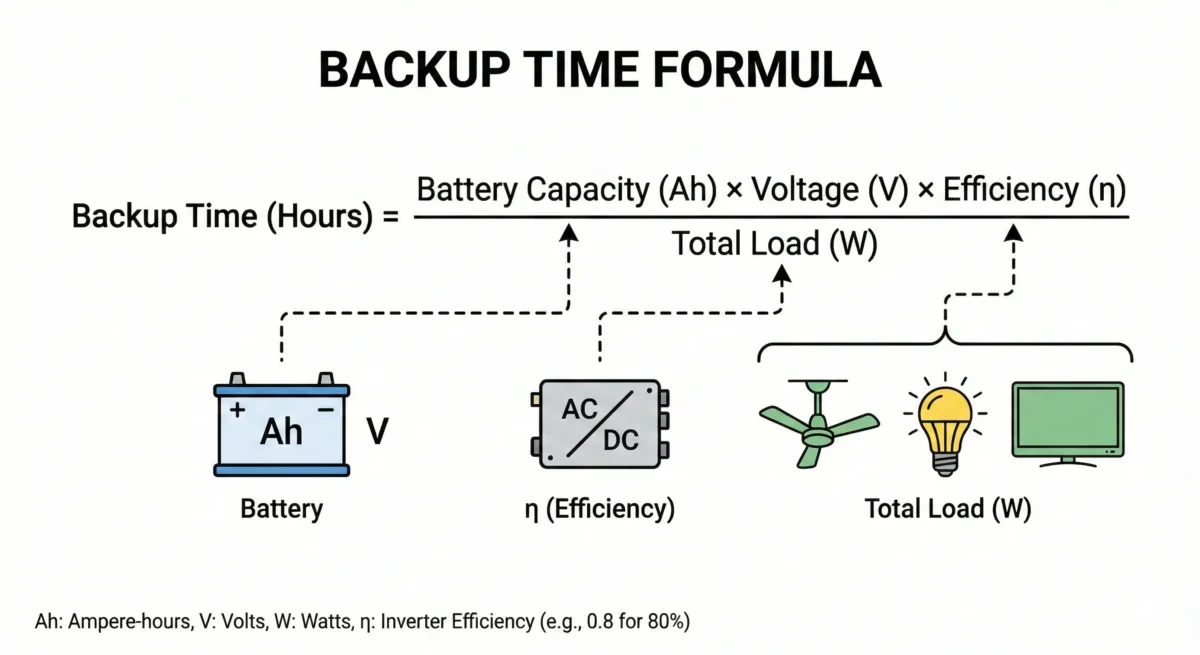 Battery backup calculation example for Pakistani homes showing batteries, inverter, and connected load during power outage
