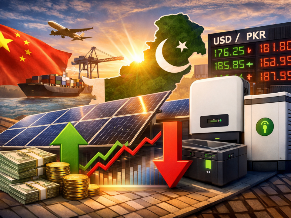 Imported solar equipment prices in Pakistan showing Chinese solar imports, exchange rate impact, shipping, and rooftop solar systems