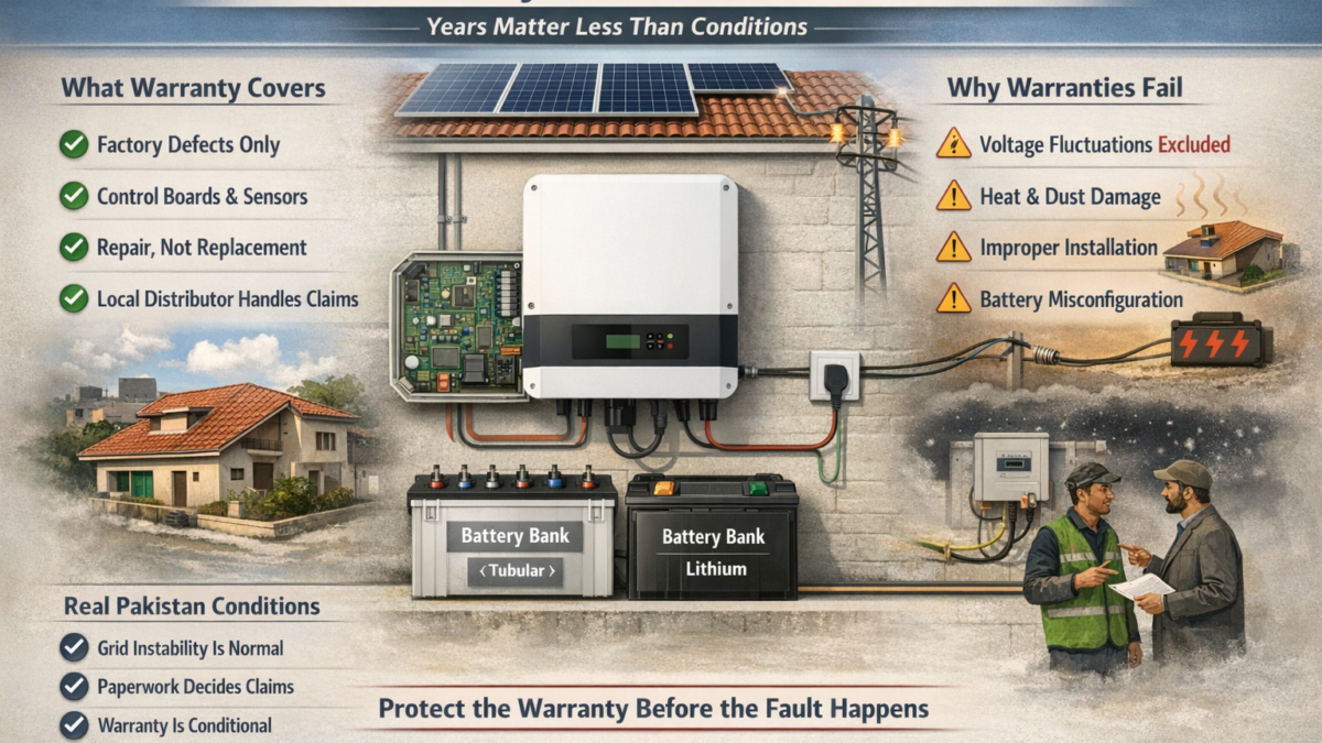 Solar inverter warranty terms in Pakistan explained, showing installation conditions, grid voltage impact, and environmental factors affecting coverage
