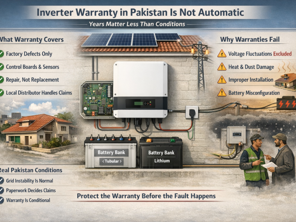 Solar inverter warranty terms in Pakistan explained, showing installation conditions, grid voltage impact, and environmental factors affecting coverage