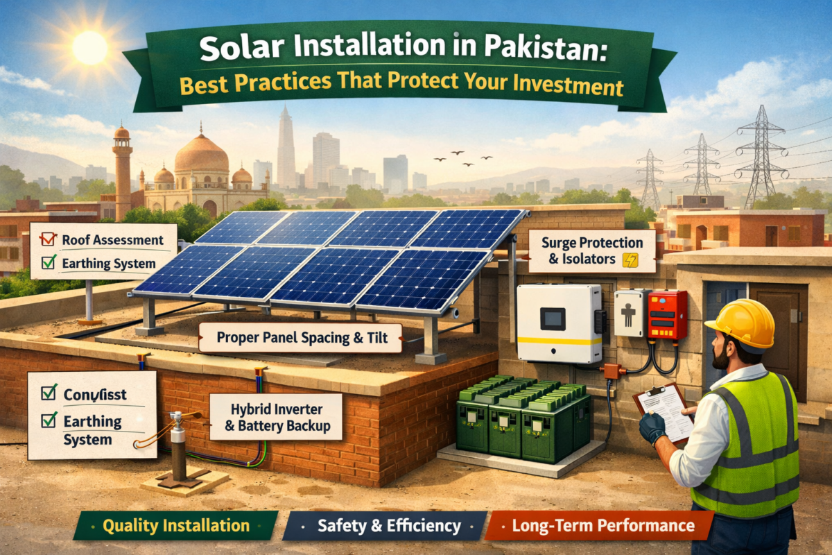 Proper rooftop solar installation in Pakistan with correct panel spacing and inverter placement