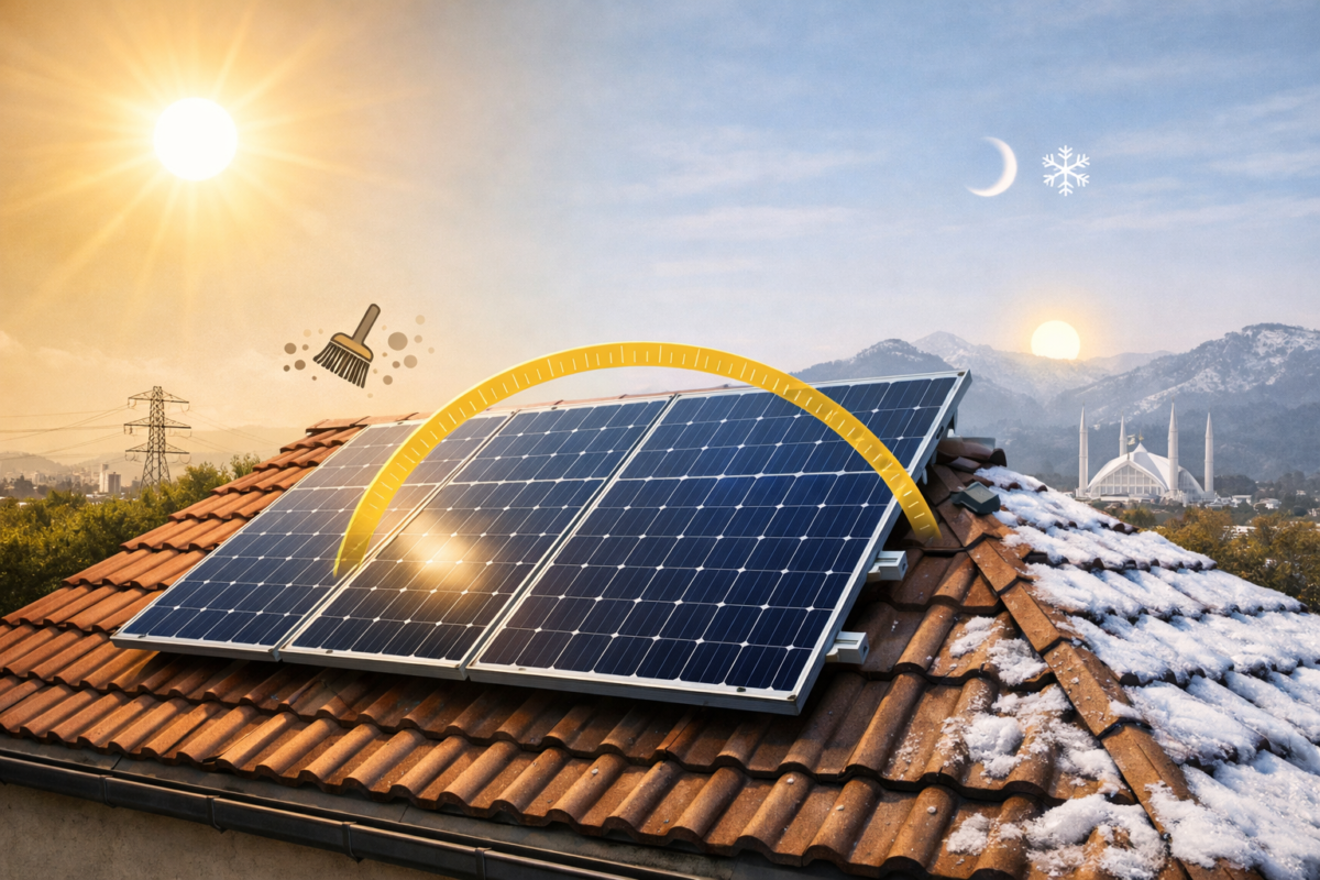 Rooftop solar panels in Pakistan installed at an optimal tilt angle of 25 to 33 degrees, showing summer and winter sun positions for balanced year-round solar output.