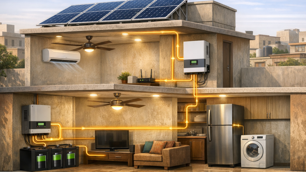 Cutaway illustration of a Pakistani home showing rooftop solar panels, inverter, batteries, and household appliances running simultaneously to explain solar system load calculation.
