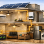 Cutaway illustration of a Pakistani home showing rooftop solar panels, inverter, batteries, and household appliances running simultaneously to explain solar system load calculation.