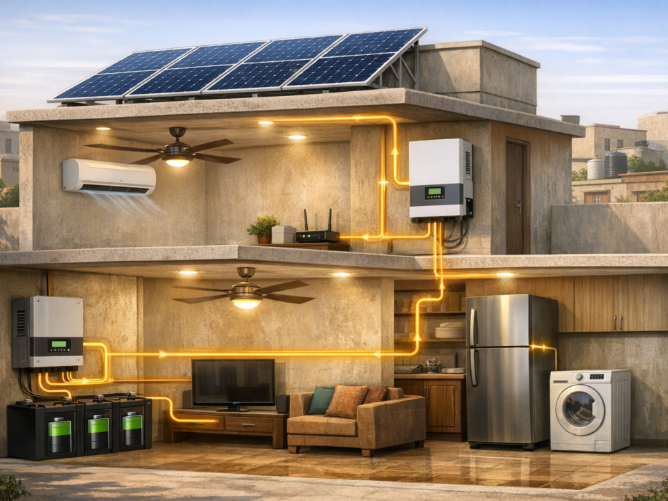 Cutaway illustration of a Pakistani home showing rooftop solar panels, inverter, batteries, and household appliances running simultaneously to explain solar system load calculation.