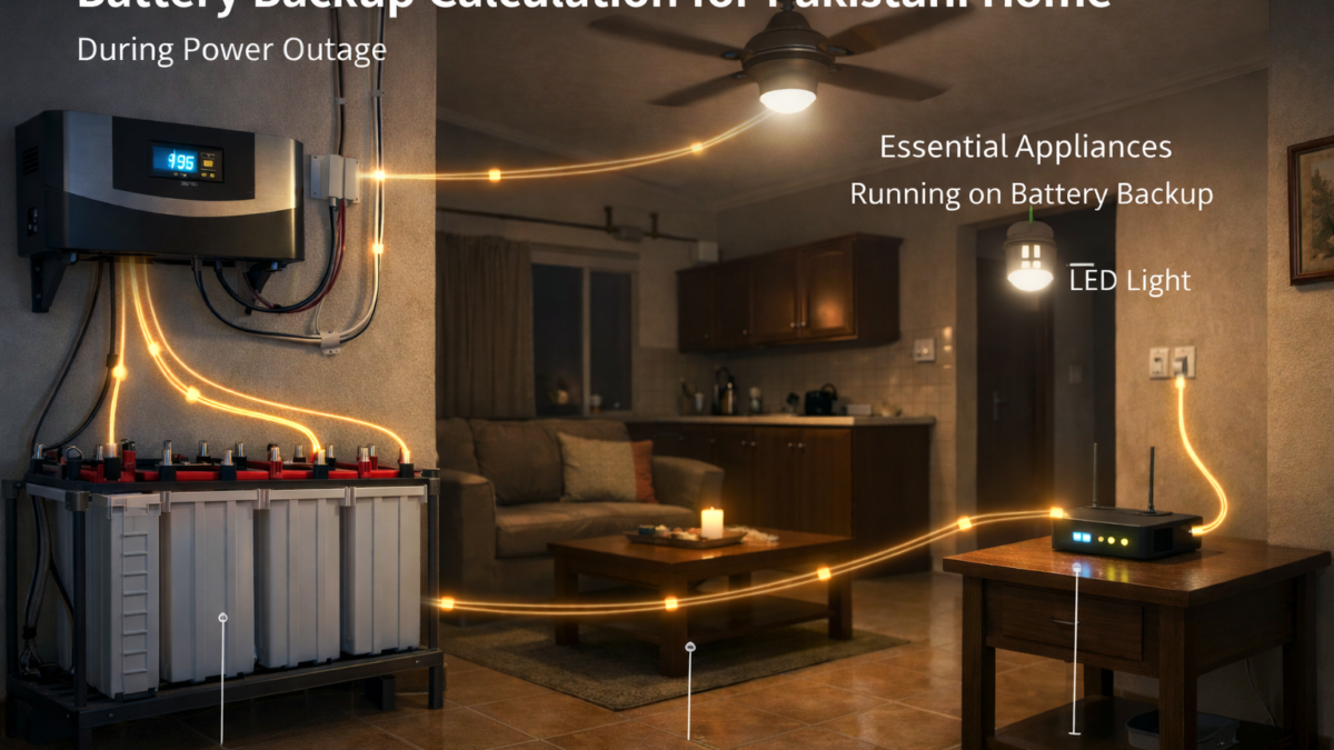 Battery backup calculation example for Pakistani homes showing batteries, inverter, and connected load during power outage