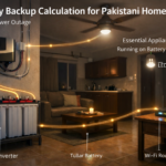 Battery backup calculation example for Pakistani homes showing batteries, inverter, and connected load during power outage