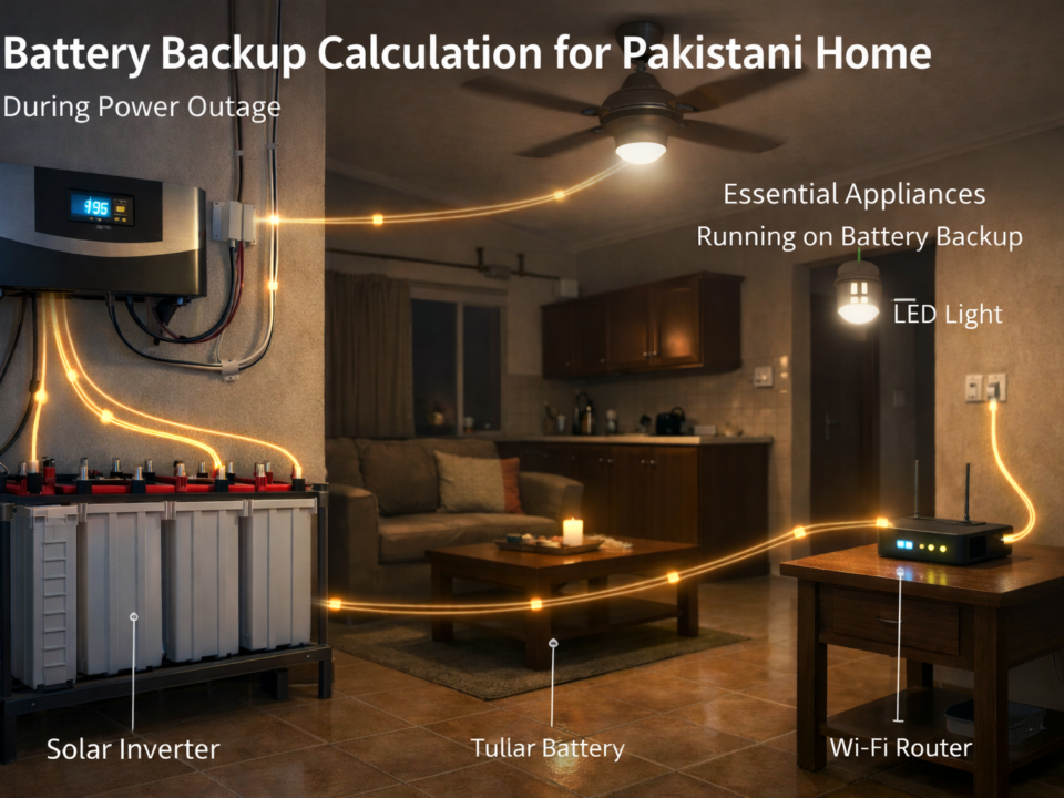 Battery backup calculation example for Pakistani homes showing batteries, inverter, and connected load during power outage
