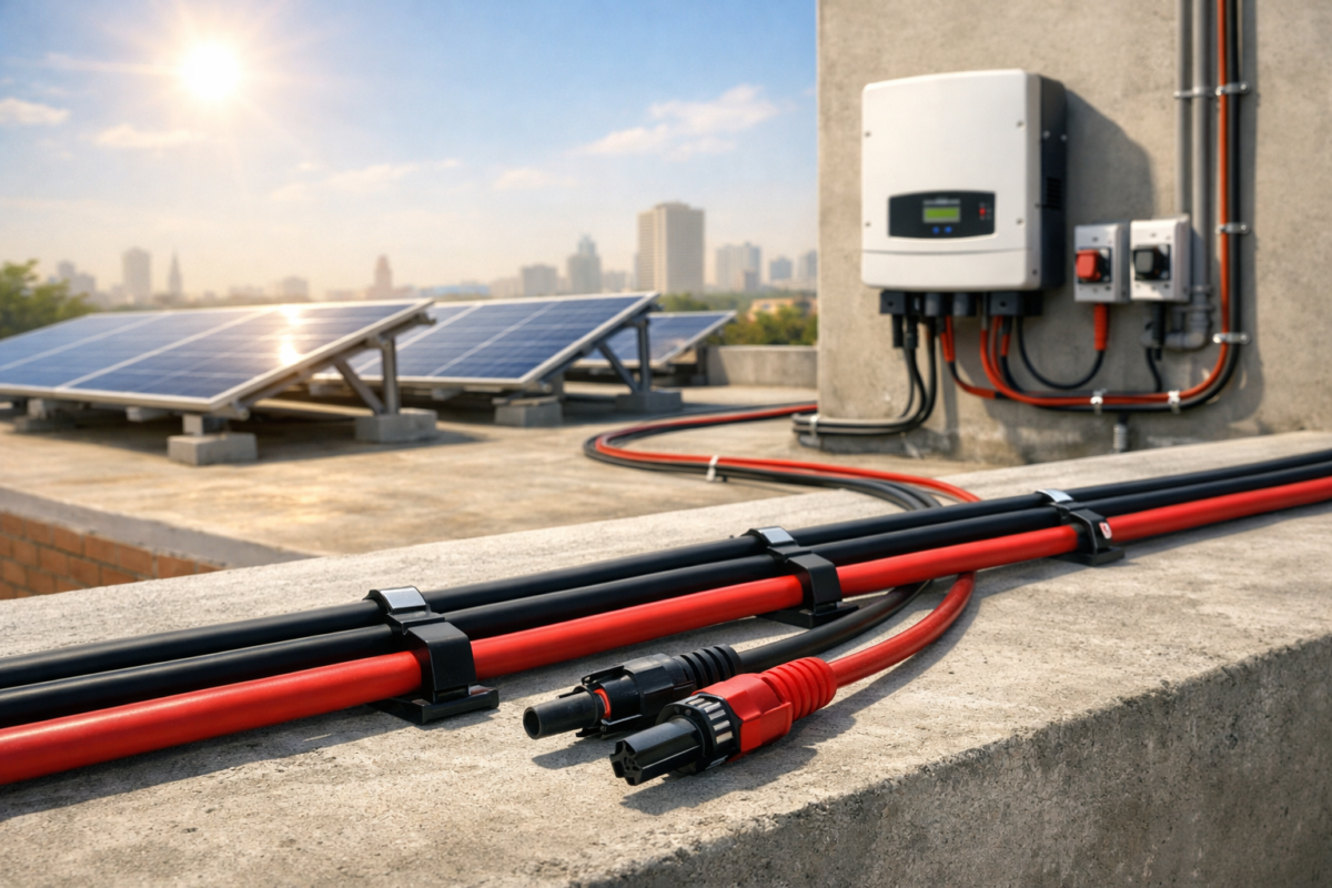 Properly routed red and black solar DC cables with MC4 connectors on a Pakistani rooftop solar installation, showing safe wiring, heat resistance, and professional inverter connection.