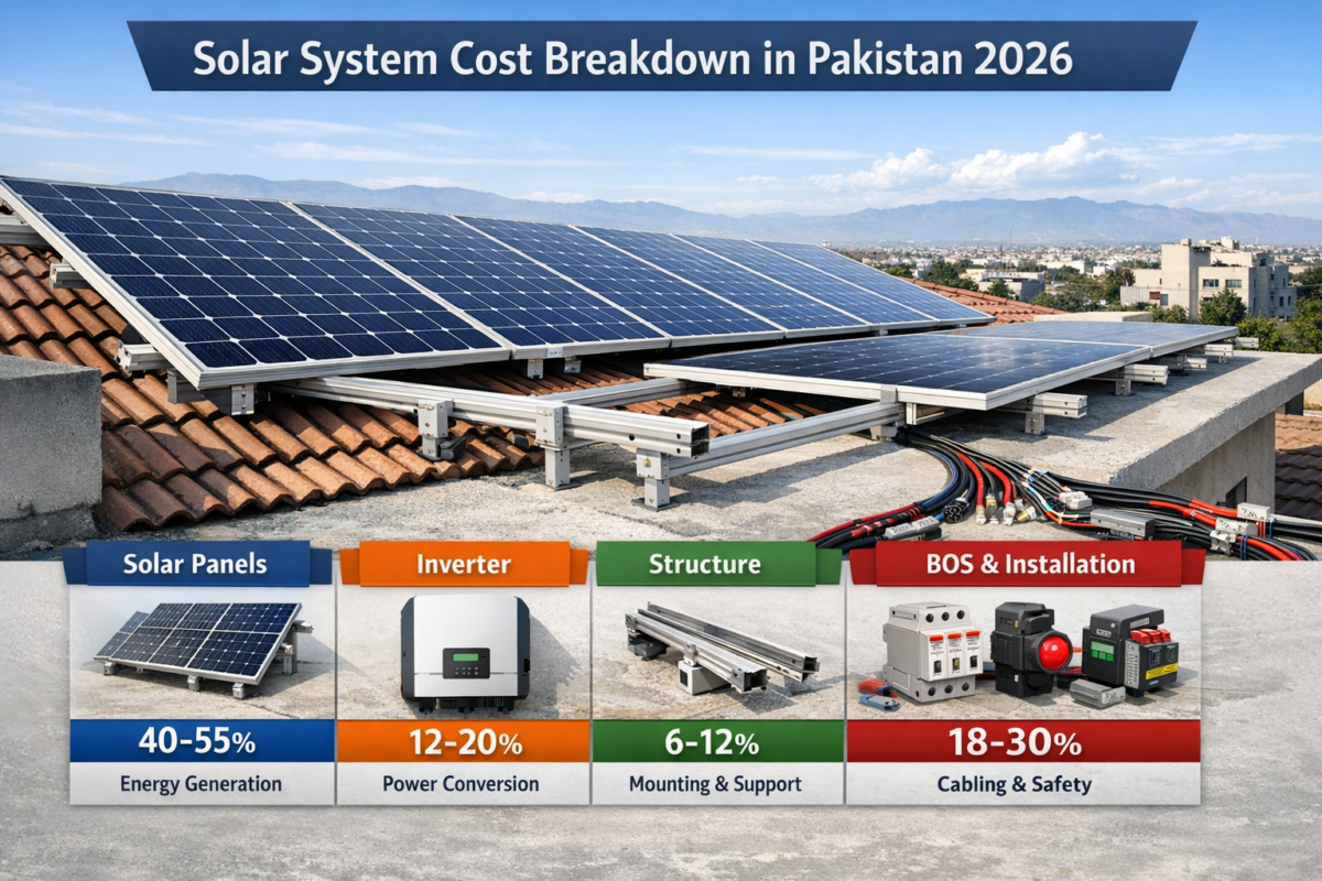 Infographic showing solar system cost breakdown in Pakistan 2026 with panel 45%, inverter 15%, structure 8%, BOS 12%, and battery 25–45% distribution chart.