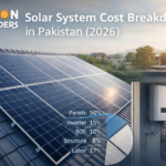 Infographic showing solar system cost breakdown in Pakistan 2026 with panel 45%, inverter 15%, structure 8%, BOS 12%, and battery 25–45% distribution chart.