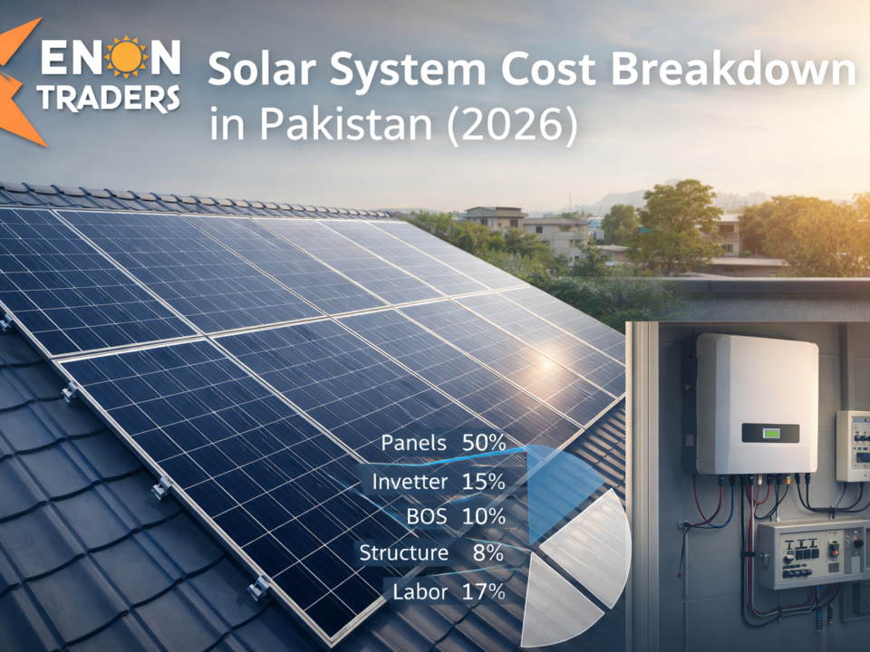 Infographic showing solar system cost breakdown in Pakistan 2026 with panel 45%, inverter 15%, structure 8%, BOS 12%, and battery 25–45% distribution chart.