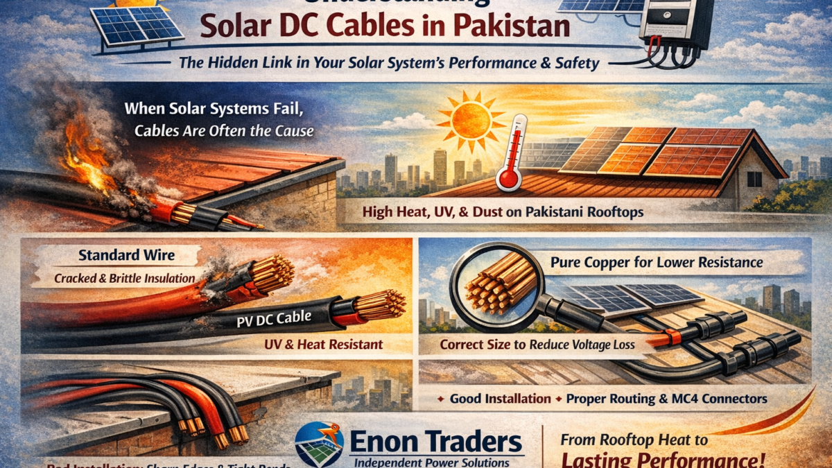 Properly routed red and black solar DC cables with MC4 connectors on a Pakistani rooftop solar installation, showing safe wiring, heat resistance, and professional inverter connection.