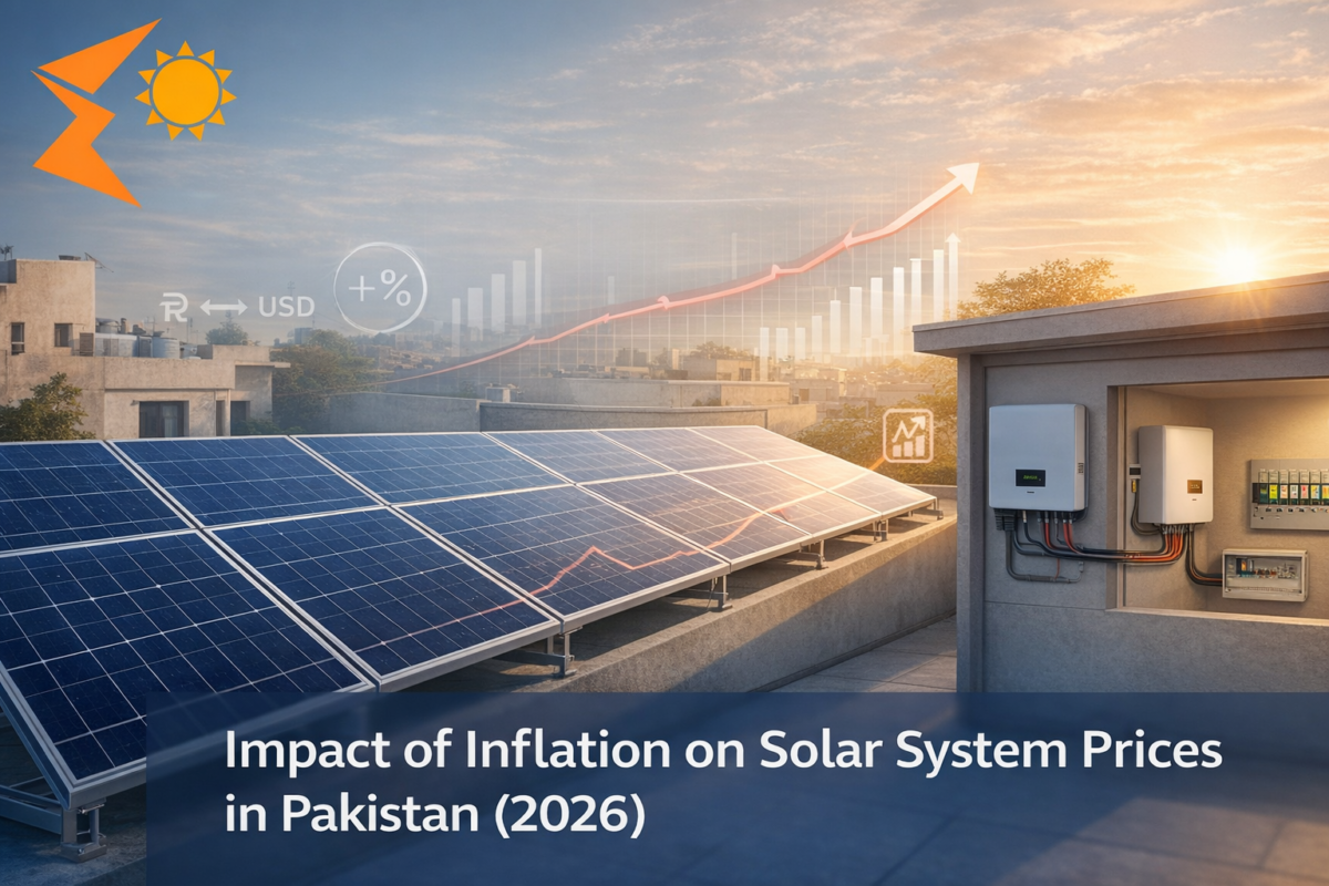 Visual explaining inflation impact on solar prices in Pakistan including currency depreciation, import cost, and installation components