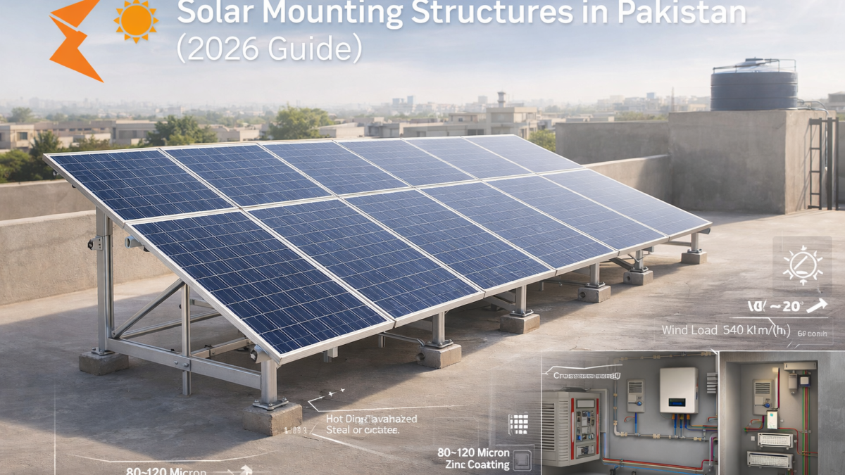 Solar mounting structure on flat RCC roof in Pakistan with hot dip galvanized steel frame, cross bracing, anchor bolts, aluminum rails and inverter setup (2026 guide)