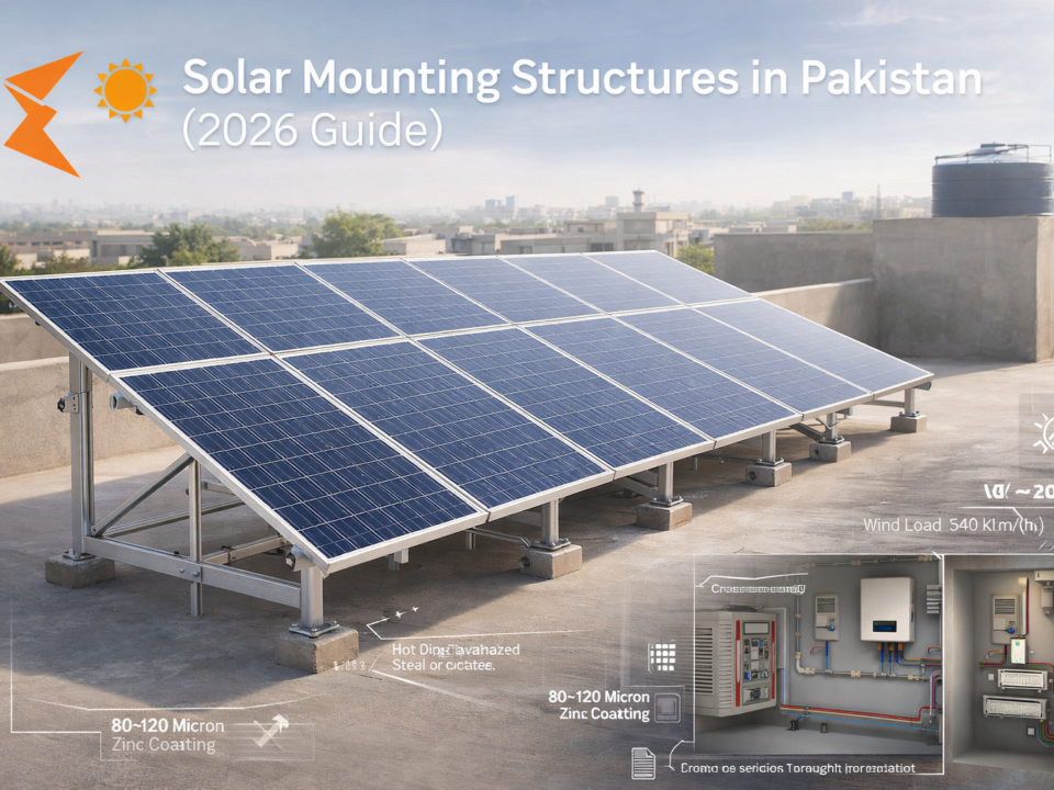 Solar mounting structure on flat RCC roof in Pakistan with hot dip galvanized steel frame, cross bracing, anchor bolts, aluminum rails and inverter setup (2026 guide)