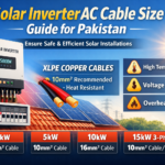 Infographic showing recommended AC cable sizes for 3kW, 5kW, 10kW and 15kW solar inverters in Pakistan, featuring XLPE copper cables, distribution board, rooftop solar panels, and voltage drop and overheating risk indicators.