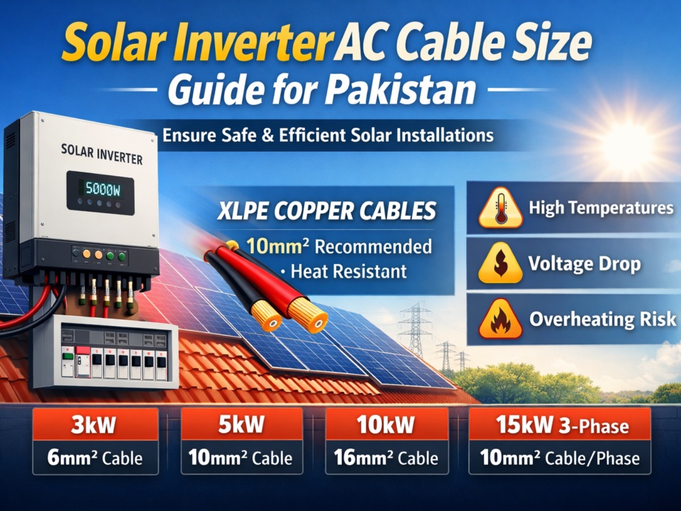 Infographic showing recommended AC cable sizes for 3kW, 5kW, 10kW and 15kW solar inverters in Pakistan, featuring XLPE copper cables, distribution board, rooftop solar panels, and voltage drop and overheating risk indicators.