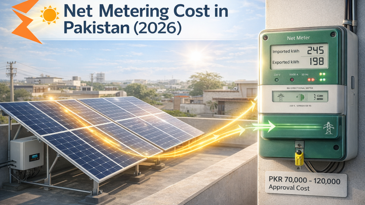 Net metering cost in Pakistan 2026 showing bi-directional green meter installation and residential solar rooftop system under DISCO approval process
