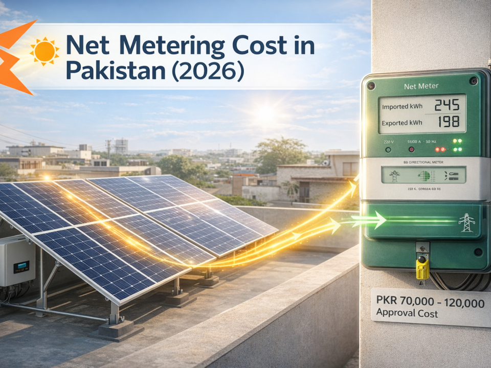 Net metering cost in Pakistan 2026 showing bi-directional green meter installation and residential solar rooftop system under DISCO approval process