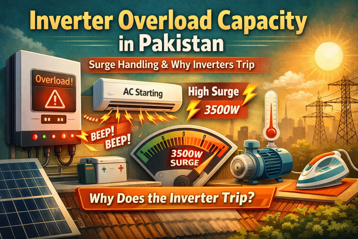 Hybrid solar inverter in Pakistani home showing overload warning during AC startup surge, explaining inverter overload capacity and surge handling in Pakistan 2026