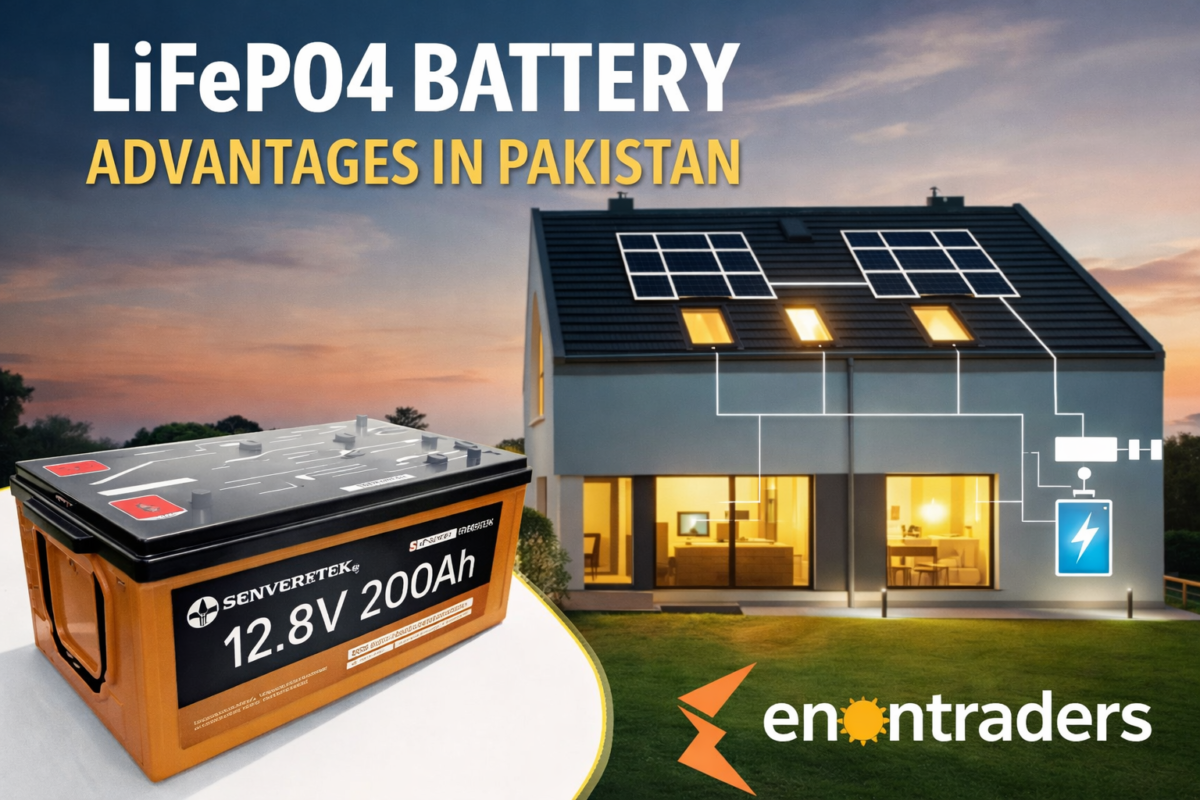 Featured image showing LiFePO4 lithium battery for solar system in Pakistan, connected to rooftop solar panels on a residential home with Enon Traders logo.