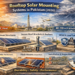 Rooftop solar mounting system installed on RCC concrete roof in Pakistan showing GI tilted structure with roof brackets and anchored solar panels