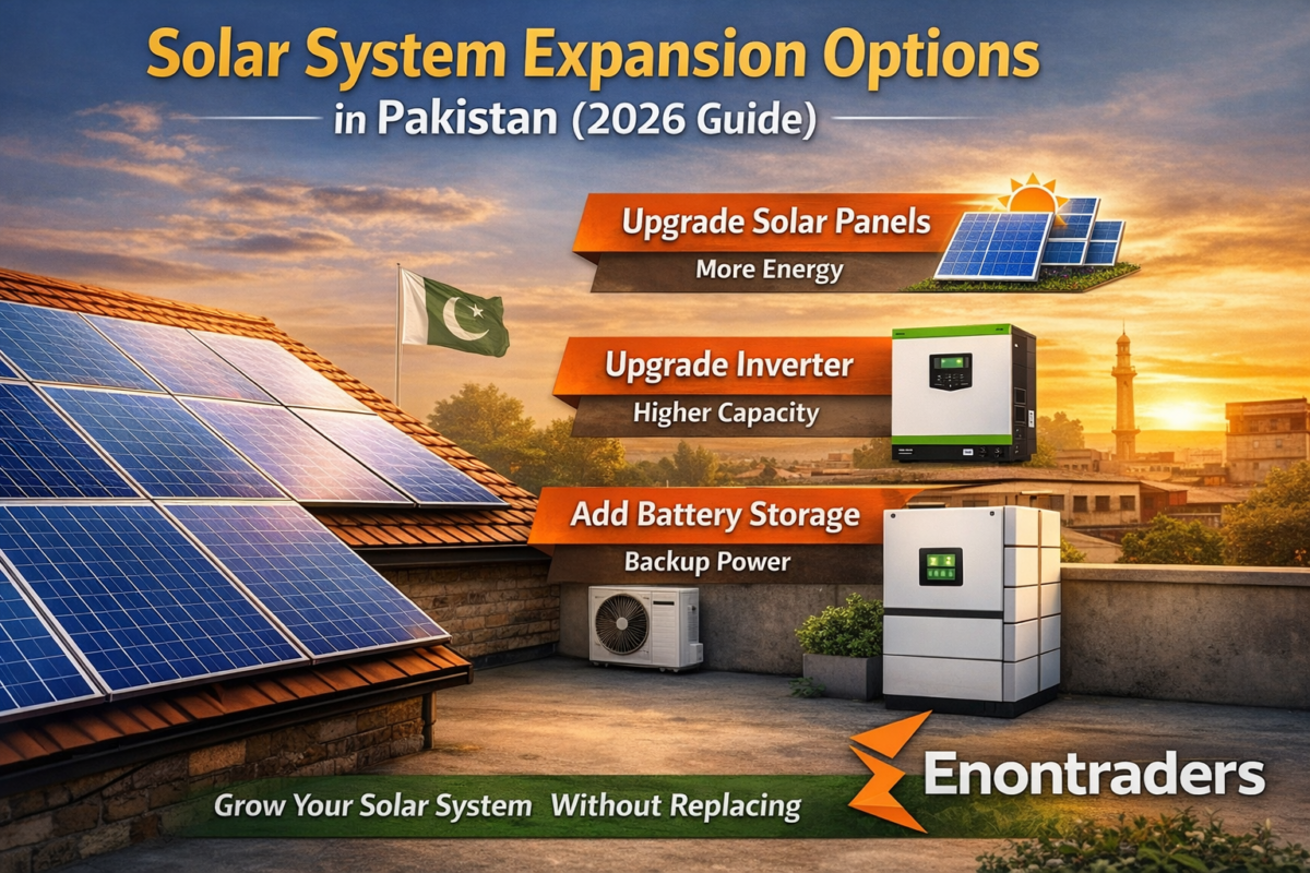 Solar system expansion options in Pakistan showing panels, inverter upgrade and lithium battery addition on residential rooftop in 2026
