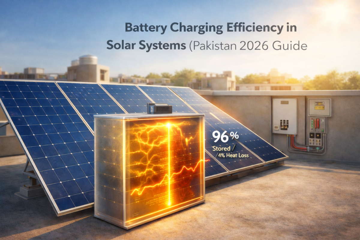 Battery charging efficiency in solar system showing lithium and lead acid comparison with energy loss percentage in Pakistan rooftop setup