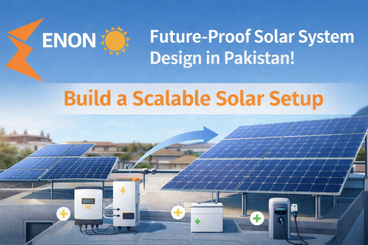 Future-proof solar system design in Pakistan showing scalable rooftop solar panels, inverter headroom, battery storage, and EV charging integration.