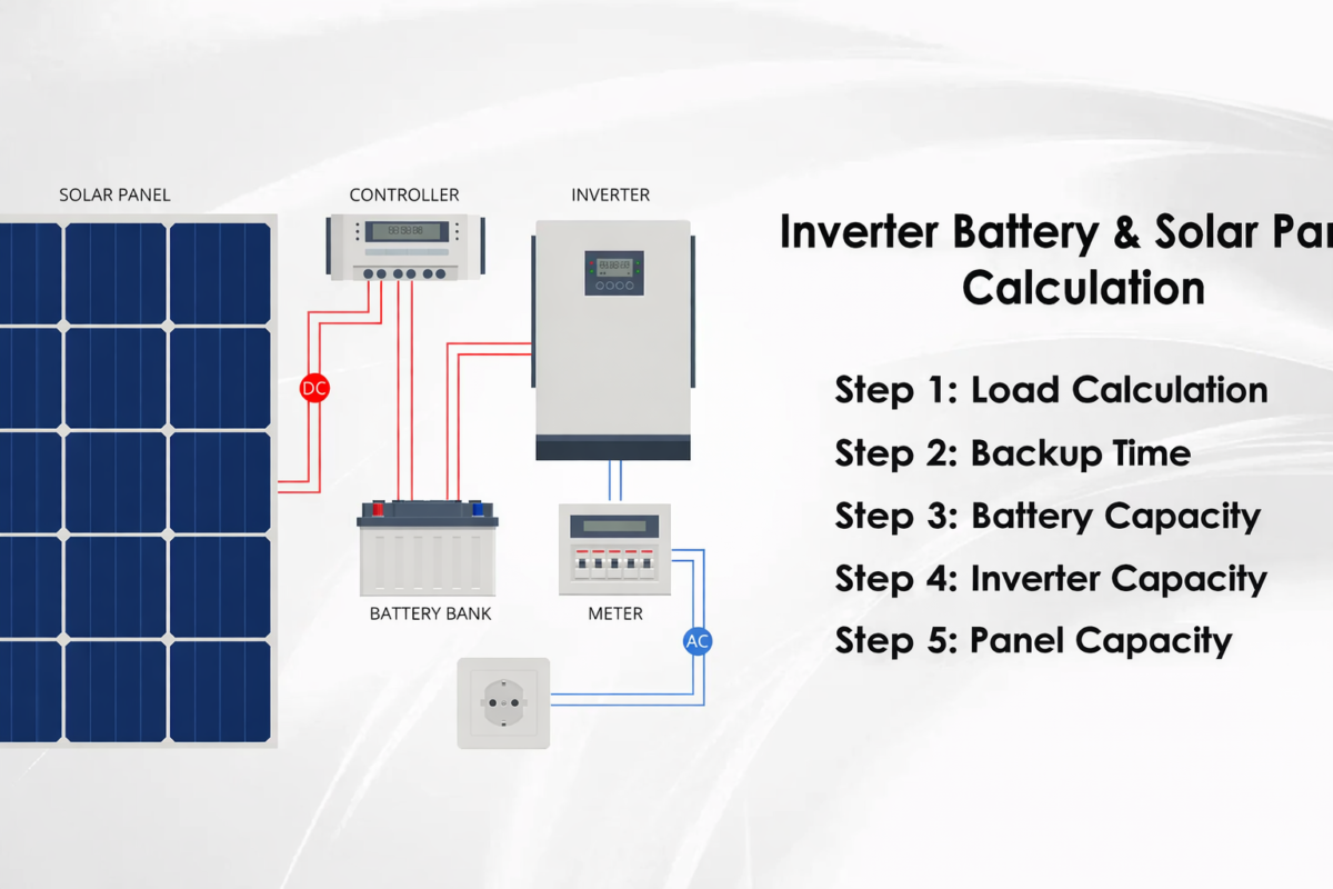 Cutaway illustration of a Pakistani home showing rooftop solar panels, inverter, batteries, and household appliances running simultaneously to explain solar system load calculation.