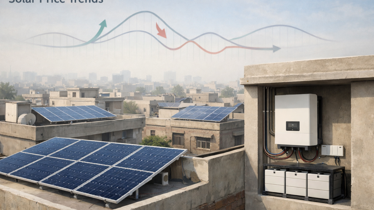 Editorial illustration showing rooftop solar panels on Pakistani urban homes with a hybrid inverter and battery system, representing solar price trends and market fluctuations in Pakistan.