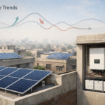 Editorial illustration showing rooftop solar panels on Pakistani urban homes with a hybrid inverter and battery system, representing solar price trends and market fluctuations in Pakistan.