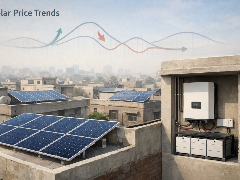 Editorial illustration showing rooftop solar panels on Pakistani urban homes with a hybrid inverter and battery system, representing solar price trends and market fluctuations in Pakistan.