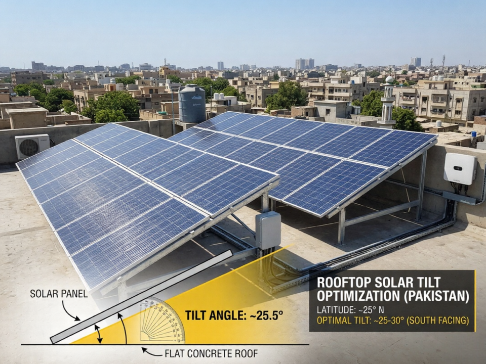 Rooftop solar panels in Pakistan installed at an optimal tilt angle of 25 to 33 degrees, showing summer and winter sun positions for balanced year-round solar output.