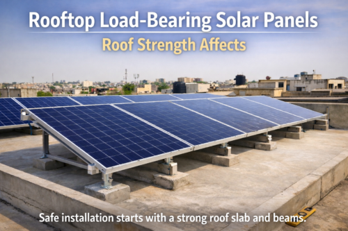 Rooftop solar panel installation on a concrete roof in Pakistan showing mounting structure and load distribution