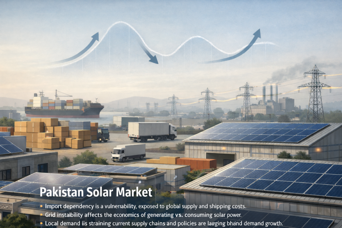 Solar market analysis in Pakistan showing rooftop solar adoption, demand growth, supply constraints, and long-term market direction