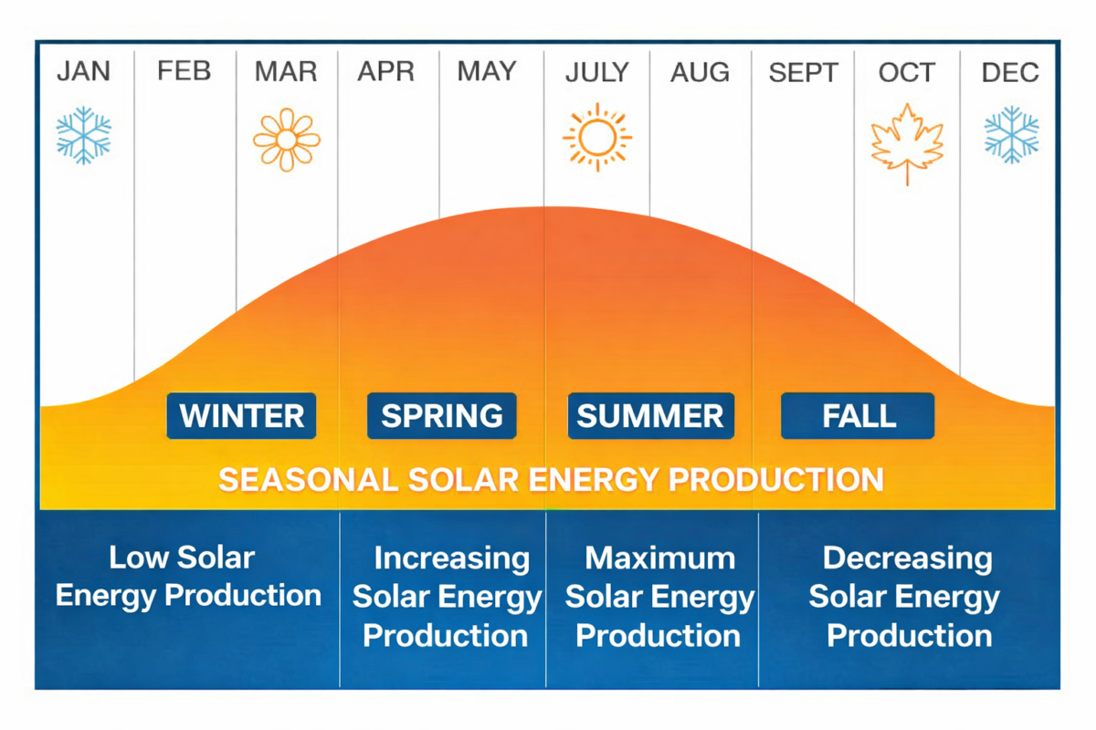 Seasonal solar production in Pakistan shows lower winter output and higher summer generation due to sunlight hours, sun angle, and weather conditions
