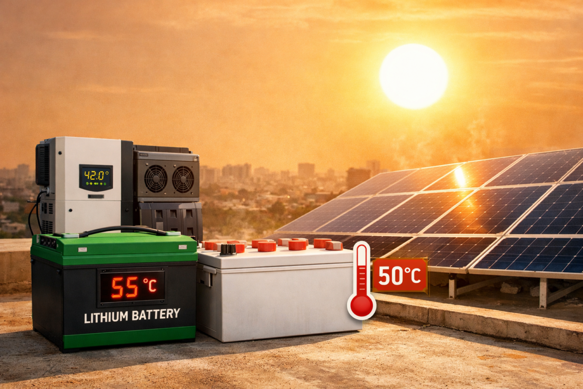 Solar battery temperature tolerance in Pakistan showing lithium battery heat resistance and rooftop solar system operating in high temperature conditions.