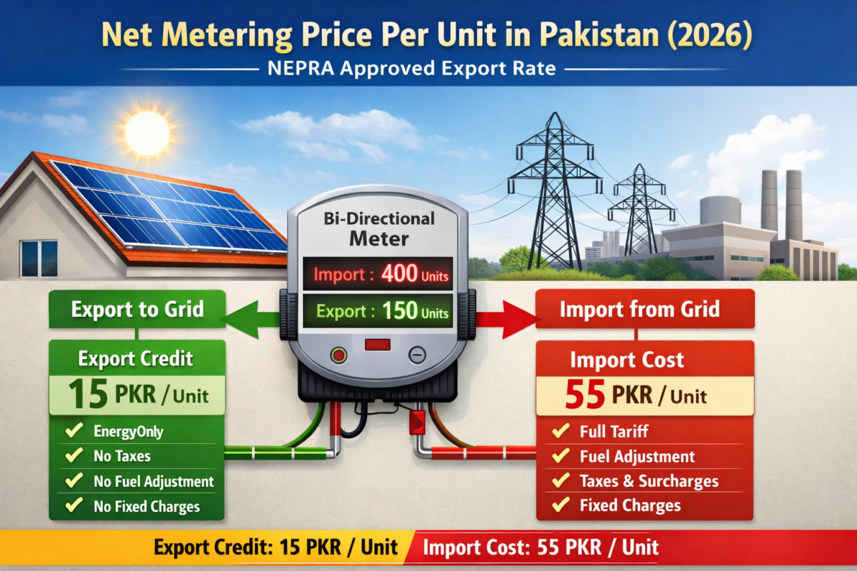 Net metering price per unit in Pakistan showing solar export credit calculation under NEPRA regulations with bidirectional meter and rooftop solar panels