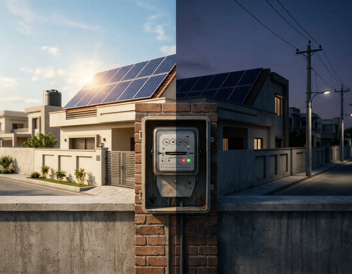 NEPRA net metering policy in Pakistan explained with solar panels exporting electricity to the grid, and the billing calculation concept