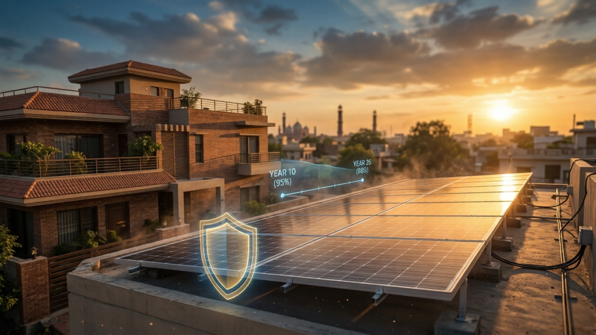 Solar panels installed on a rooftop in Pakistan with warranty protection concept and performance indicator