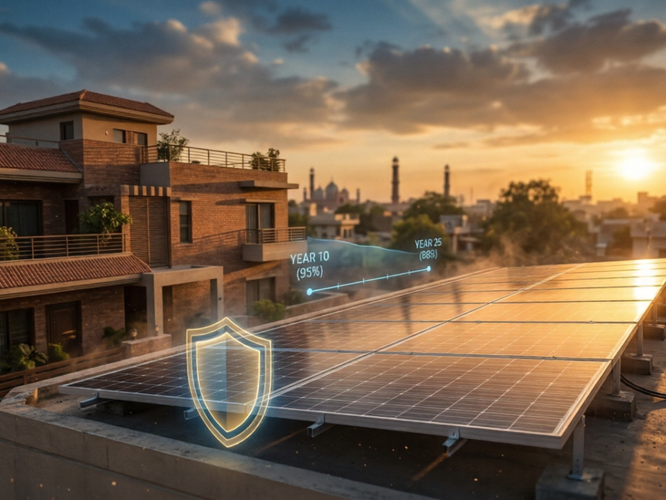 Solar panels installed on a rooftop in Pakistan with warranty protection concept and performance indicator